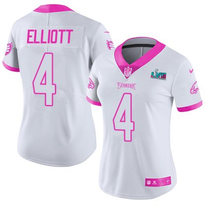 Nike Philadelphia Eagles #4 Jake Elliott White/Pink Super Bowl LVII Patch Women's Stitched NFL Limited Rush Fashion Jersey