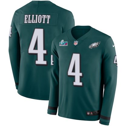 Nike Philadelphia Eagles #4 Jake Elliott Green Super Bowl LVII Patch Team Color Men's Stitched NFL Limited Therma Long Sleeve Jersey