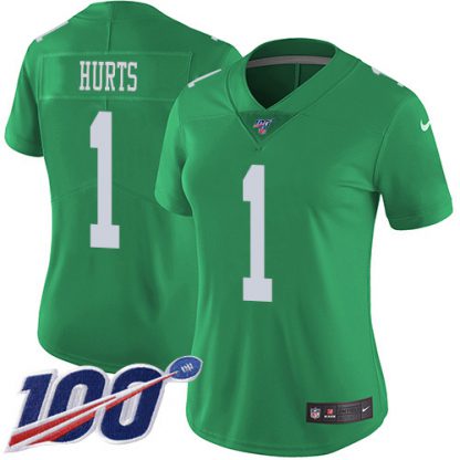 Nike Philadelphia Eagles #1 Jalen Hurts Green Women's Stitched NFL Limited Rush 100th Season Jersey