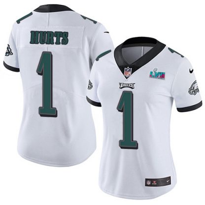 Nike Philadelphia Eagles #1 Jalen Hurts White Super Bowl LVII Patch Women's Stitched NFL Vapor Untouchable Limited Jersey