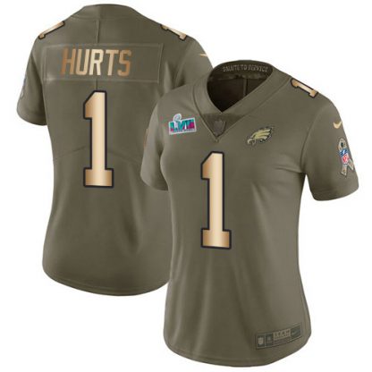 Nike Philadelphia Eagles #1 Jalen Hurts Olive/Gold Super Bowl LVII Patch Women's Stitched NFL Limited 2017 Salute To Service Jersey
