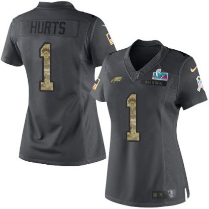 Nike Philadelphia Eagles #1 Jalen Hurts Black Super Bowl LVII Patch Women's Stitched NFL Limited 2016 Salute to Service Jersey