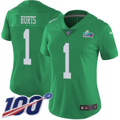 Nike Philadelphia Eagles #1 Jalen Hurts Green Super Bowl LVII Patch Women's Stitched NFL Limited Rush 100th Season Jersey