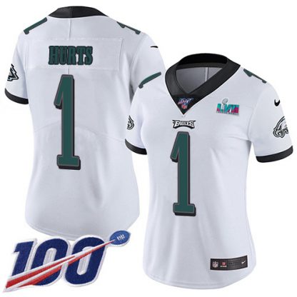 Nike Philadelphia Eagles #1 Jalen Hurts White Super Bowl LVII Patch Women's Stitched NFL 100th Season Vapor Limited Jersey