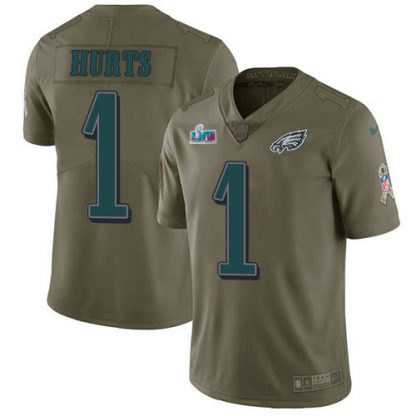 Nike Philadelphia Eagles #1 Jalen Hurts Olive Super Bowl LVII Patch Youth Stitched NFL Limited 2017 Salute To Service Jersey