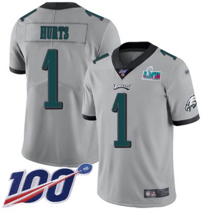 Nike Philadelphia Eagles #1 Jalen Hurts Silver Super Bowl LVII Patch Men's Stitched NFL Limited Inverted Legend 100th Season Jersey