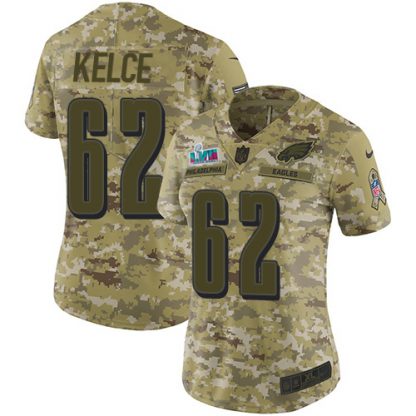 Nike Philadelphia Eagles #62 Jason Kelce Camo Super Bowl LVII Patch Women's Stitched NFL Limited 2018 Salute To Service Jersey