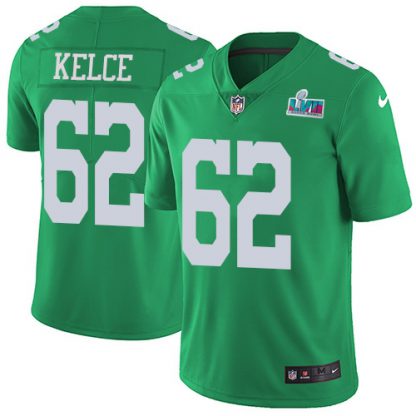 Nike Philadelphia Eagles #62 Jason Kelce Green Super Bowl LVII Patch Men's Stitched NFL Limited Rush Jersey