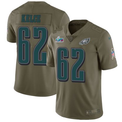 Nike Philadelphia Eagles #62 Jason Kelce Olive Super Bowl LVII Patch Men's Stitched NFL Limited 2017 Salute To Service Jersey