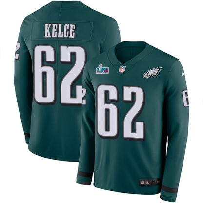 Nike Philadelphia Eagles #62 Jason Kelce Green Super Bowl LVII Patch Team Color Men's Stitched NFL Limited Therma Long Sleeve Jersey