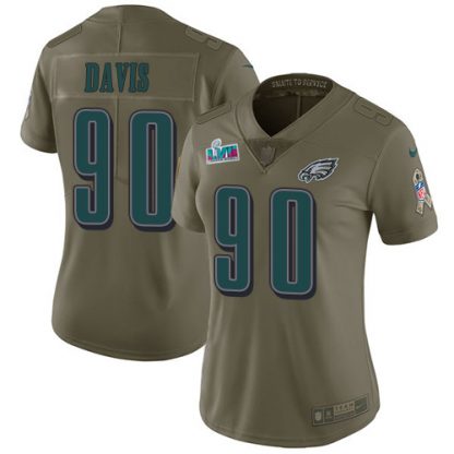 Nike Philadelphia Eagles #90 Jordan Davis Olive Super Bowl LVII Patch Women's Stitched NFL Limited 2017 Salute To Service Jersey