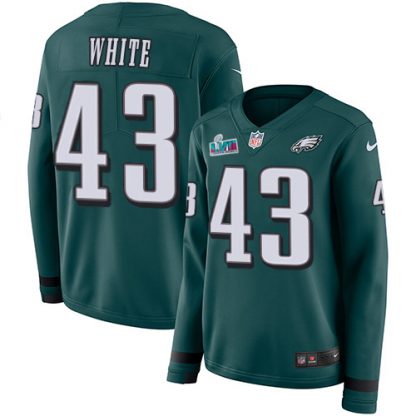 Nike Philadelphia Eagles #43 Kyzir White Green Team Color Super Bowl LVII Patch Women's Stitched NFL Limited Therma Long Sleeve Jersey