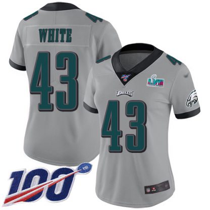 Nike Philadelphia Eagles #43 Kyzir White Silver Super Bowl LVII Patch Women's Stitched NFL Limited Inverted Legend 100th Season Jersey