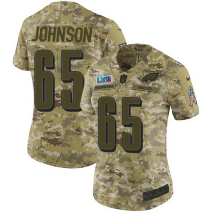 Nike Philadelphia Eagles #65 Lane Johnson Camo Super Bowl LVII Patch Women's Stitched NFL Limited 2018 Salute To Service Jersey