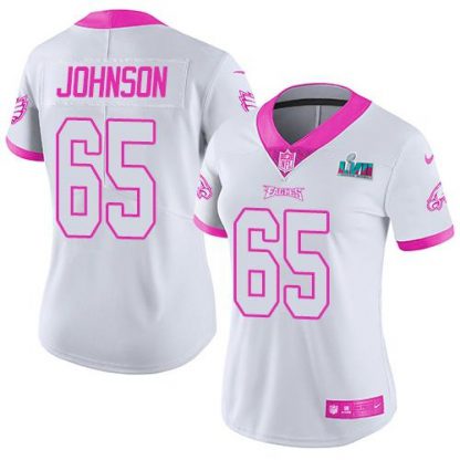Nike Philadelphia Eagles #65 Lane Johnson White/Pink Super Bowl LVII Patch Women's Stitched NFL Limited Rush Fashion Jersey