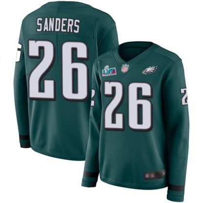 Nike Philadelphia Eagles #26 Miles Sanders Green Super Bowl LVII Patch Team Color Women's Stitched NFL Limited Therma Long Sleeve Jersey