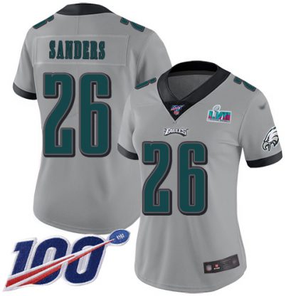 Nike Philadelphia Eagles #26 Miles Sanders Silver Super Bowl LVII Patch Women's Stitched NFL Limited Inverted Legend 100th Season Jersey