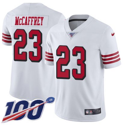 Nike San Francisco 49ers #23 Christian McCaffrey White Rush Youth Stitched NFL Limited 100th Season Jersey
