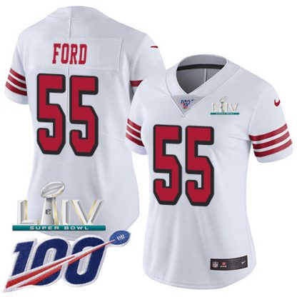 Nike San Francisco 49ers #55 Dee Ford White Super Bowl LIV 2020 Rush Women's Stitched NFL Limited 100th Season Jersey
