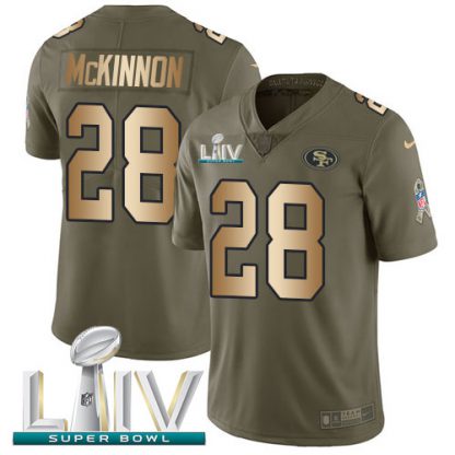 Nike San Francisco 49ers #28 Jerick McKinnon Olive/Gold Super Bowl LIV 2020 Men's Stitched NFL Limited 2017 Salute To Service Jersey