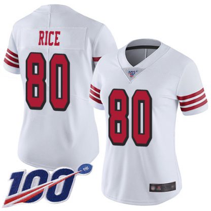Nike San Francisco 49ers #80 Jerry Rice White Rush Women's Stitched NFL Limited 100th Season Jersey