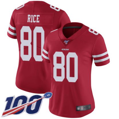 Nike San Francisco 49ers #80 Jerry Rice Red Team Color Women's Stitched NFL 100th Season Vapor Limited Jersey