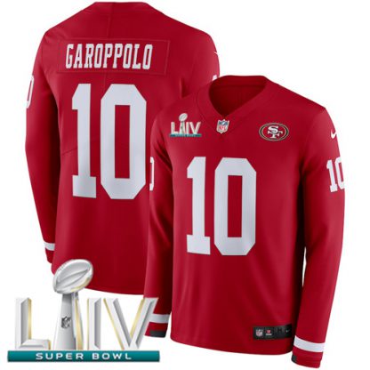 Nike San Francisco 49ers #10 Jimmy Garoppolo Red Super Bowl LIV 2020 Team Color Men's Stitched NFL Limited Therma Long Sleeve Jersey