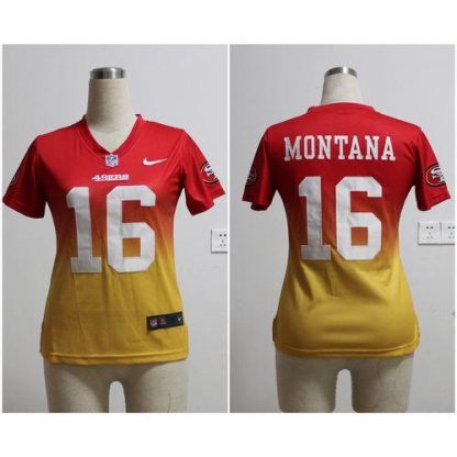 Nike San Francisco 49ers #16 Joe Montana Red/Gold Women's Stitched NFL Elite Fadeaway Fashion Jersey