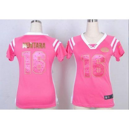 Nike San Francisco 49ers #16 Joe Montana Pink Women's Stitched NFL Elite Draft Him Shimmer Jersey