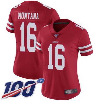 Nike San Francisco 49ers #16 Joe Montana Red Team Color Women's Stitched NFL 100th Season Vapor Limited Jersey