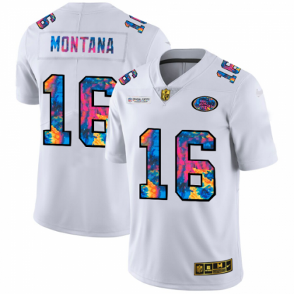 San Francisco San Francisco 49ers #16 Joe Montana Men's White Nike Multi-Color 2020 NFL Crucial Catch Limited NFL Jersey
