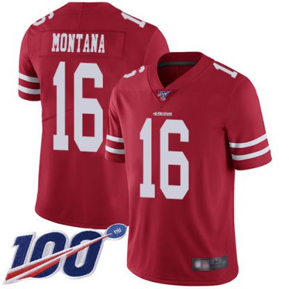 Nike San Francisco 49ers #16 Joe Montana Red Team Color Men's Stitched NFL 100th Season Vapor Limited Jersey
