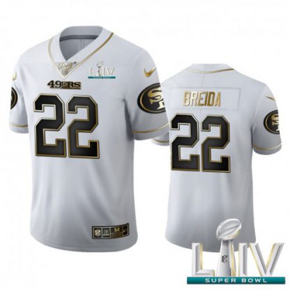 San Francisco San Francisco 49ers #22 Matt Breida Men's Nike White Golden Super Bowl LIV 2020 Edition Vapor Limited NFL 100 Jersey
