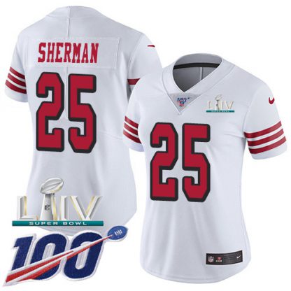 Nike San Francisco 49ers #25 Richard Sherman White Super Bowl LIV 2020 Rush Women's Stitched NFL Limited 100th Season Jersey