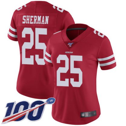 Nike San Francisco 49ers #25 Richard Sherman Red Team Color Women's Stitched NFL 100th Season Vapor Limited Jersey