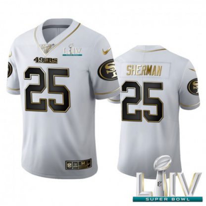 San Francisco San Francisco 49ers #25 Richard Sherman Men's Nike White Golden Super Bowl LIV 2020 Edition Vapor Limited NFL 100 Jersey