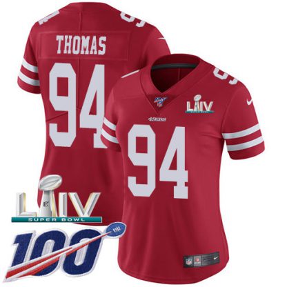Nike San Francisco 49ers #94 Solomon Thomas Red Super Bowl LIV 2020 Team Color Women's Stitched NFL 100th Season Vapor Limited Jersey