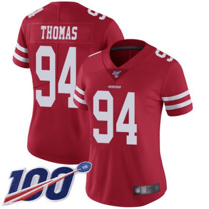 Nike San Francisco 49ers #94 Solomon Thomas Red Team Color Women's Stitched NFL 100th Season Vapor Limited Jersey