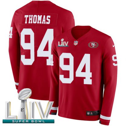 Nike San Francisco 49ers #94 Solomon Thomas Red Super Bowl LIV 2020 Team Color Youth Stitched NFL Limited Therma Long Sleeve Jersey