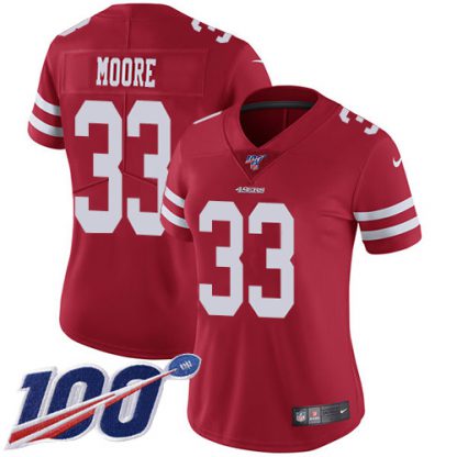 Nike San Francisco 49ers #33 Tarvarius Moore Red Team Color Women's Stitched NFL 100th Season Vapor Limited Jersey