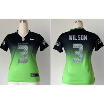 Nike Seattle Seahawks #3 Russell Wilson Steel Blue/Green Women's Stitched NFL Elite Fadeaway Fashion Jersey