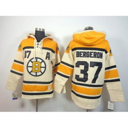 Boston Bruins #37 Patrice Bergeron Cream Sawyer Hooded Sweatshirt Stitched NHL Jersey