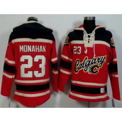 Calgary Flames #23 Sean Monahan Red/Black Sawyer Hooded Sweatshirt Stitched NHL Jersey