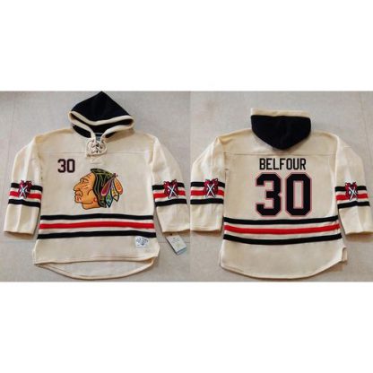 Chicago Blackhawks #30 ED Belfour Cream Heavyweight Pullover Hoodie Stitched NHL Jersey