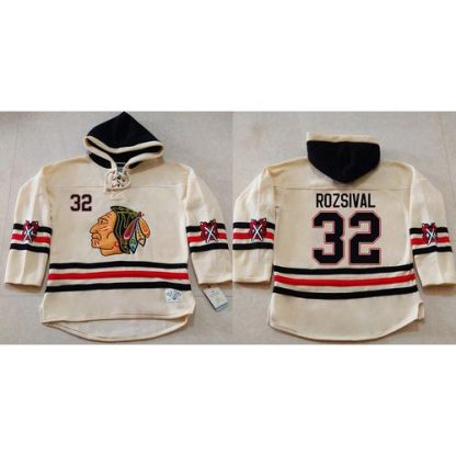 Chicago Blackhawks #32 Michal Rozsival Cream Heavyweight Pullover Hoodie Stitched NHL Jersey