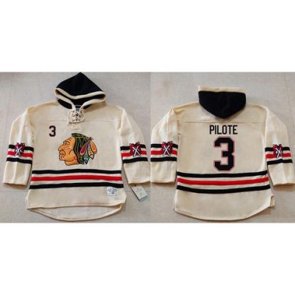 Chicago Blackhawks #3 Pierre Pilote Cream Heavyweight Pullover Hoodie Stitched NHL Jersey