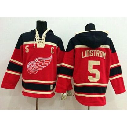 Detroit Red Wings #5 Nicklas Lidstrom Red Sawyer Hooded Sweatshirt Stitched NHL Jersey