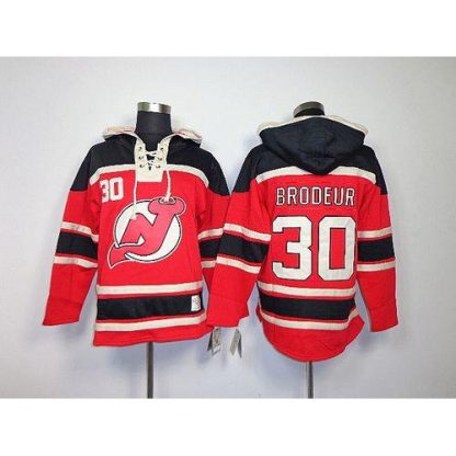 New Jersey Devils #30 Martin Brodeur Red Sawyer Hooded Sweatshirt Embroidered NHL Jersey