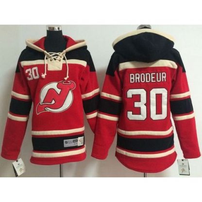 New Jersey Devils #30 Martin Brodeur Red Sawyer Hooded Sweatshirt Stitched Youth NHL Jersey