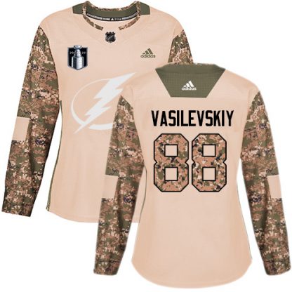 Adidas Tampa Bay Lightning #88 Andrei Vasilevskiy Camo Authentic 2022 Stanley Cup Final Patch Women's Veterans Day Stitched NHL Jersey